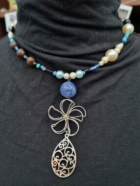 SLS Creation | Ooak Teal And Blue With Pearls Y2K Asymmetrical Necklace